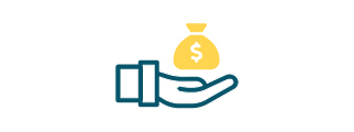 An illustration of a blue hand holding a yellow bag with a white dollar sign on it.