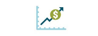 A blue and green illustration of an upward-trending line chart labelled with a dollar sign.