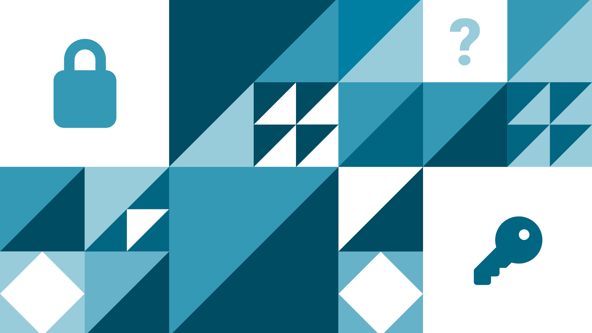 A blue and white pattern featuring different shade traingles, a lock and a key.