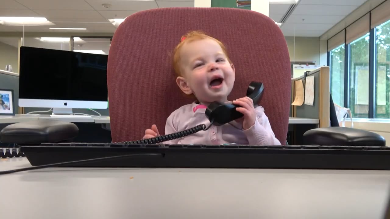 A toddler sits at a work desk gleefully holding a corded phone.