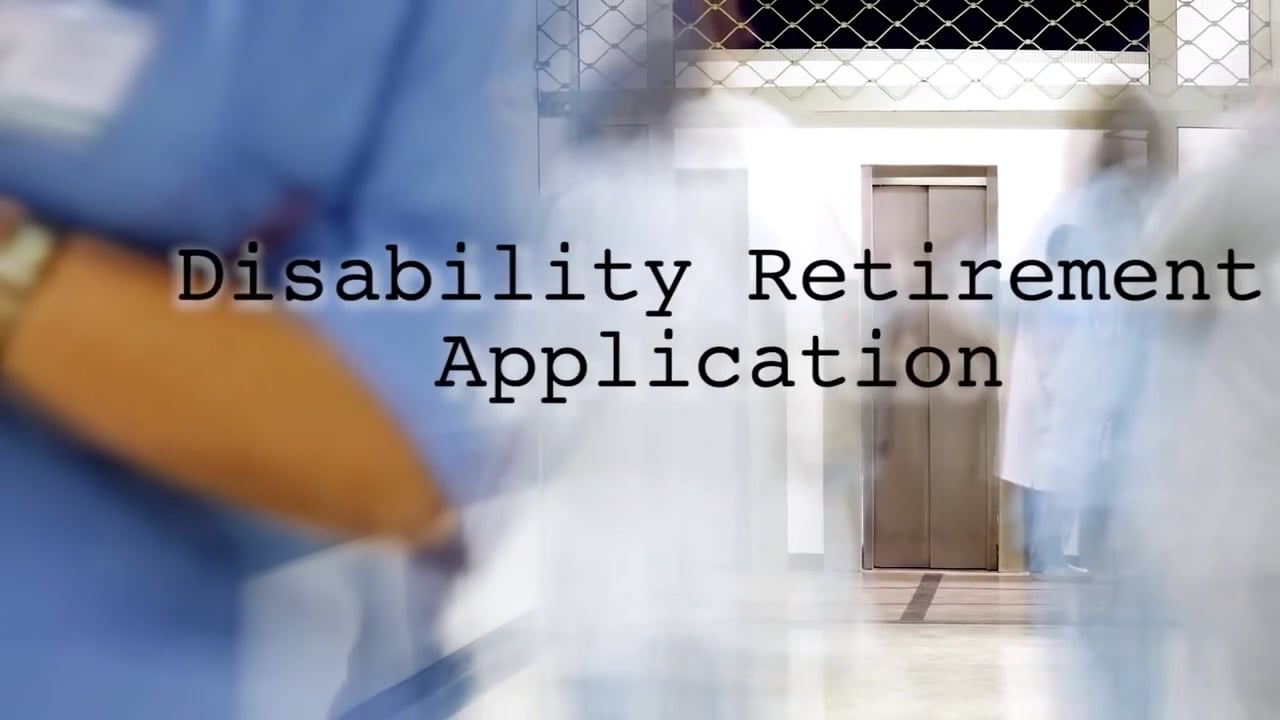 Text that reads Disability Retirement Application on a blurry background image of two people in scrubs.