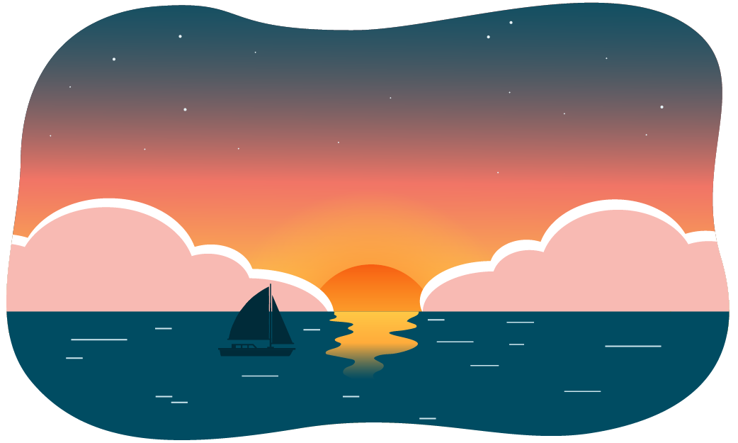 An illustration of a sunset over water, featuring pink clouds, an orange sky and the silhouette of a sailboat.