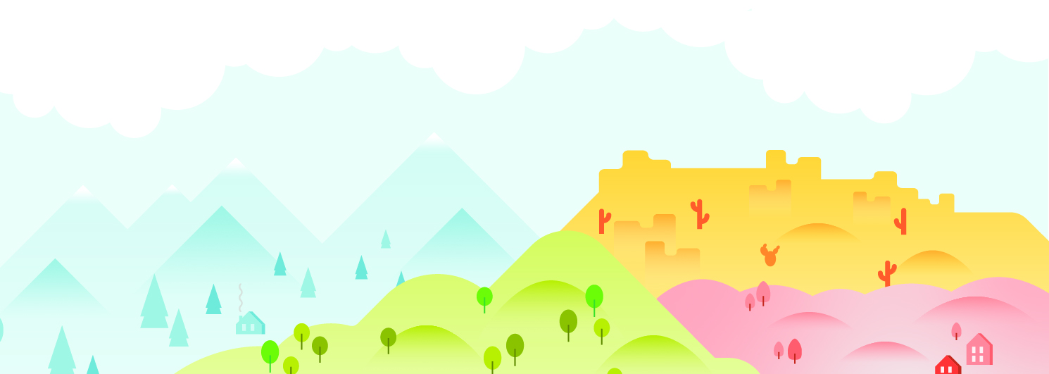 Illustration of mountains and hills in green, orange and pink