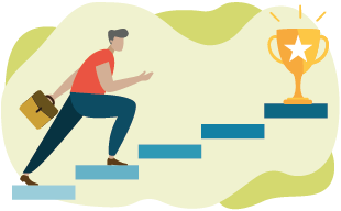 A colorful illustration of a person walking up five steps toward a trophy on the top step.