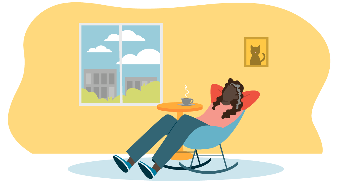An illustration of a person sitting in a rocking chair beside a window in a home with yellow walls and a blue carpet. Buildings and greenery can be seen through the window in the background.