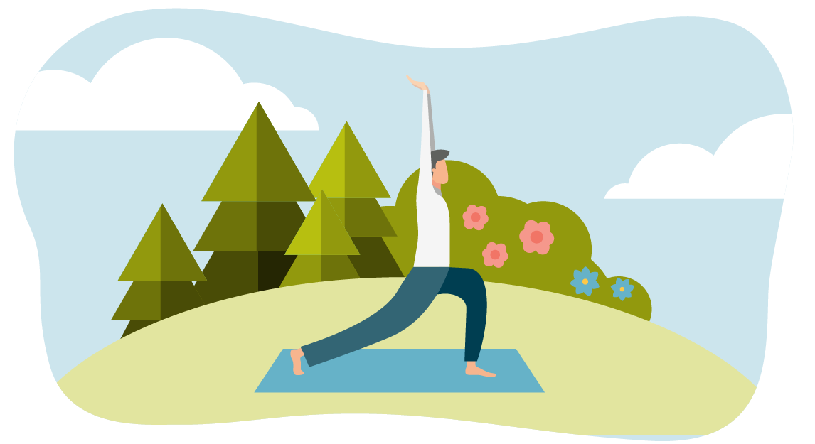 An illustration of a person doing yoga outdoors with trees and flowers in the background beneath a blue sky and clouds.