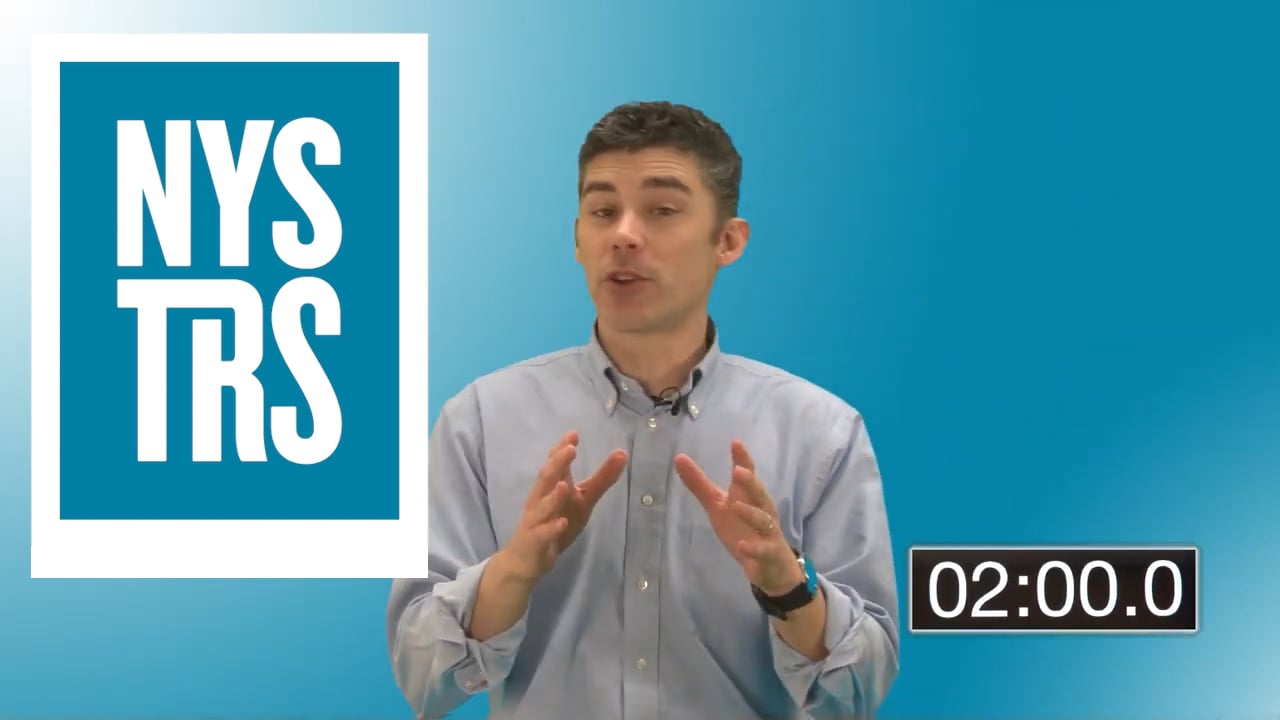 A man presents against a blue backdrop with a NYSTRS logo to his left and a timestamp reading 2:00.0 in the bottom right corner.