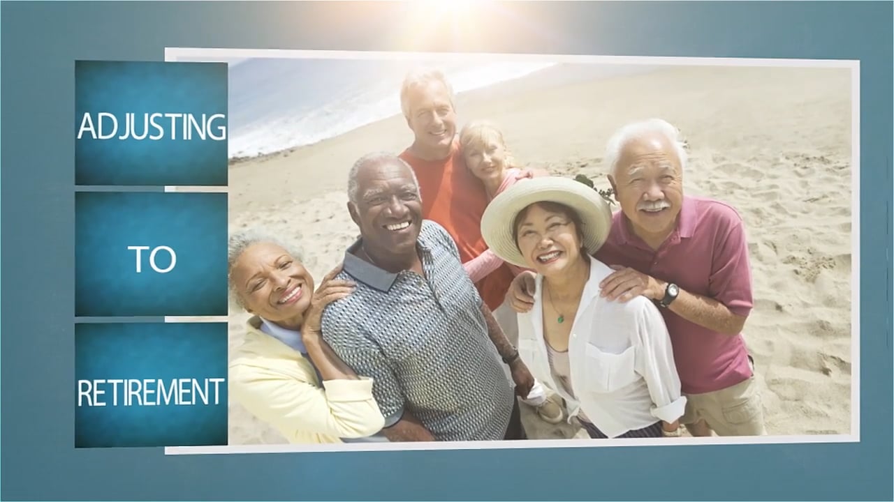 A group of six seniors smiling on a beach. Text in blue boxes on the left reads Adjusting to Retirement.