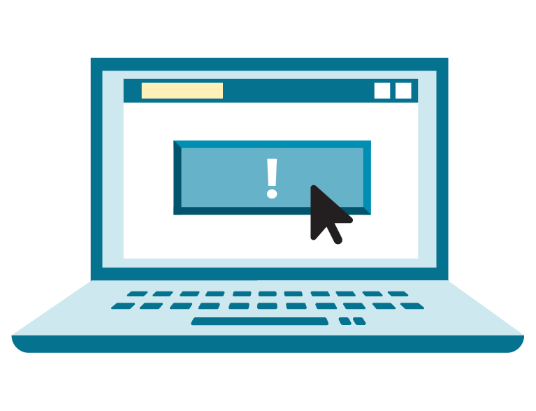 A graphic of a computer with a blue button on the screen. The button has an exclamation point on it and a cursor hovering over it.
